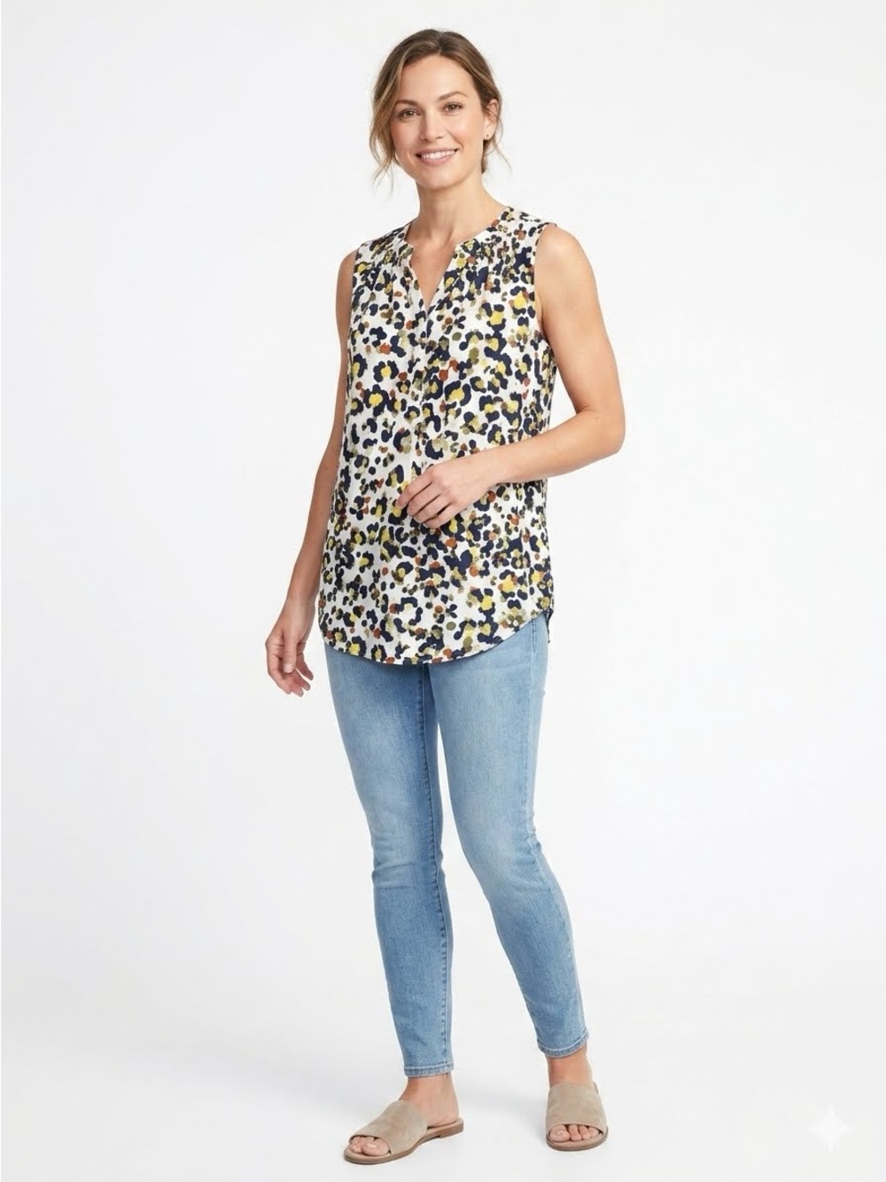CAbi Fierce Sleeveless V-Neck Blouse in White Multi Watercolor Animal Print